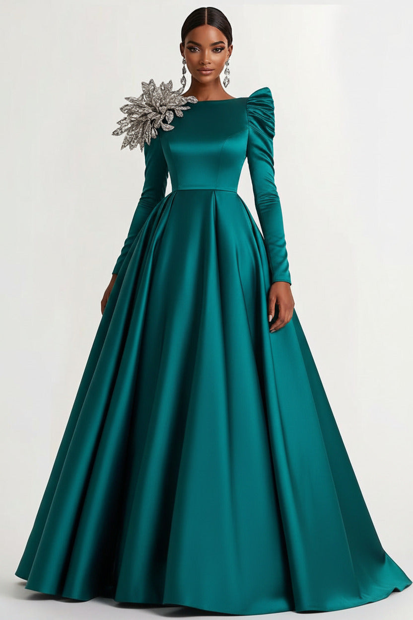 Dressystars A-Line Long Black Wedding Guest Dress Satin Boat Neck Formal Dress With Long Sleeves