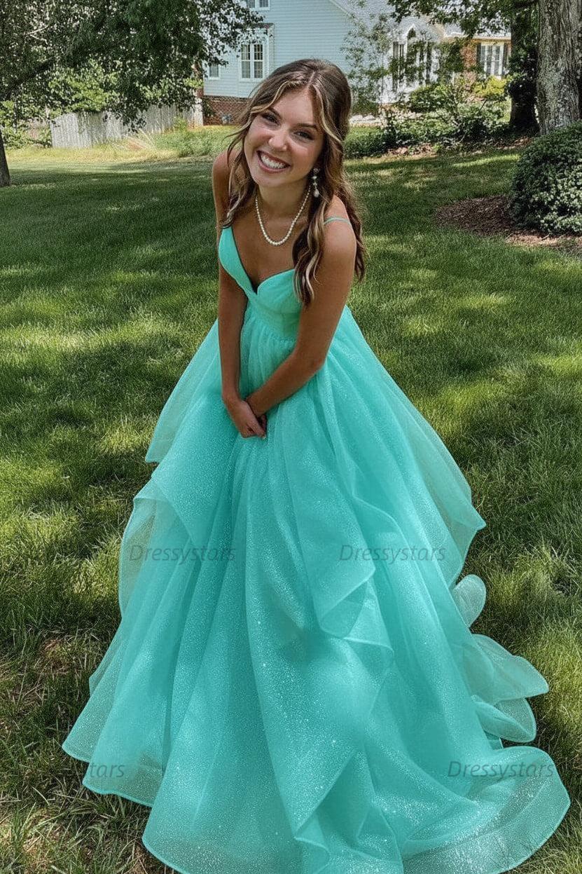 Pink Prom Dress V Neck Tulle Long Formal Evening Dress