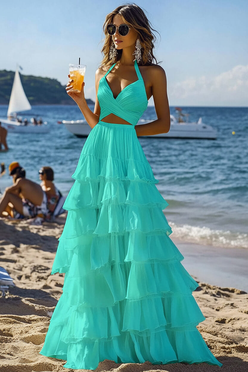 Dressystars Halter Tiered White 2 Piece Ruffled Formal Dress