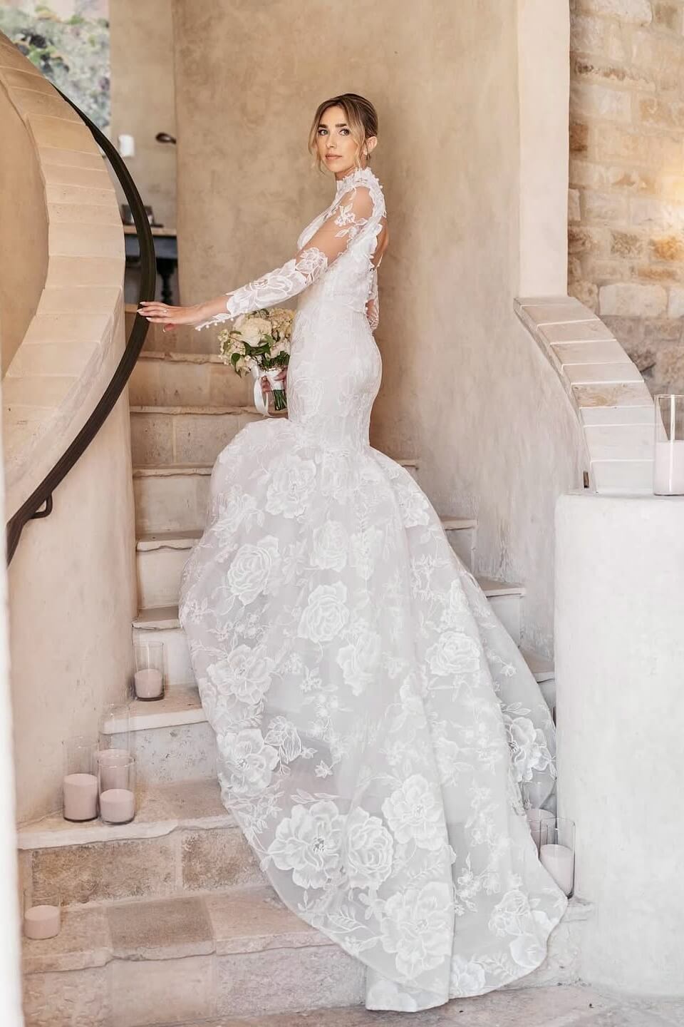 Two Piece High Neck Wedding Dress Long Sleeve Lace Appliqued Mermaid Bridal Gown