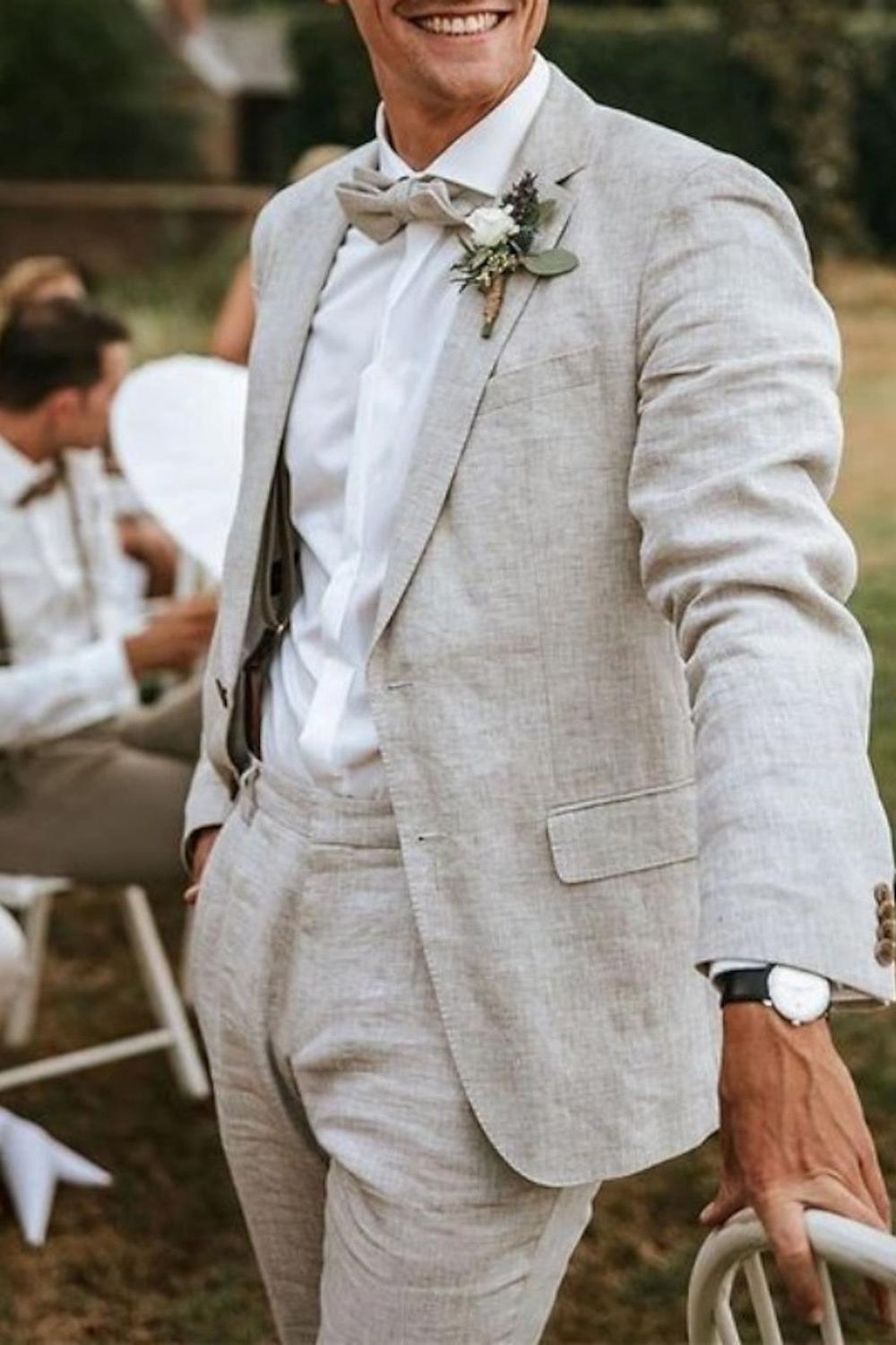 Two-Piece Men's Linen Suit In Solid Colors Tailored Fit With Single Breasted Two-Button Design