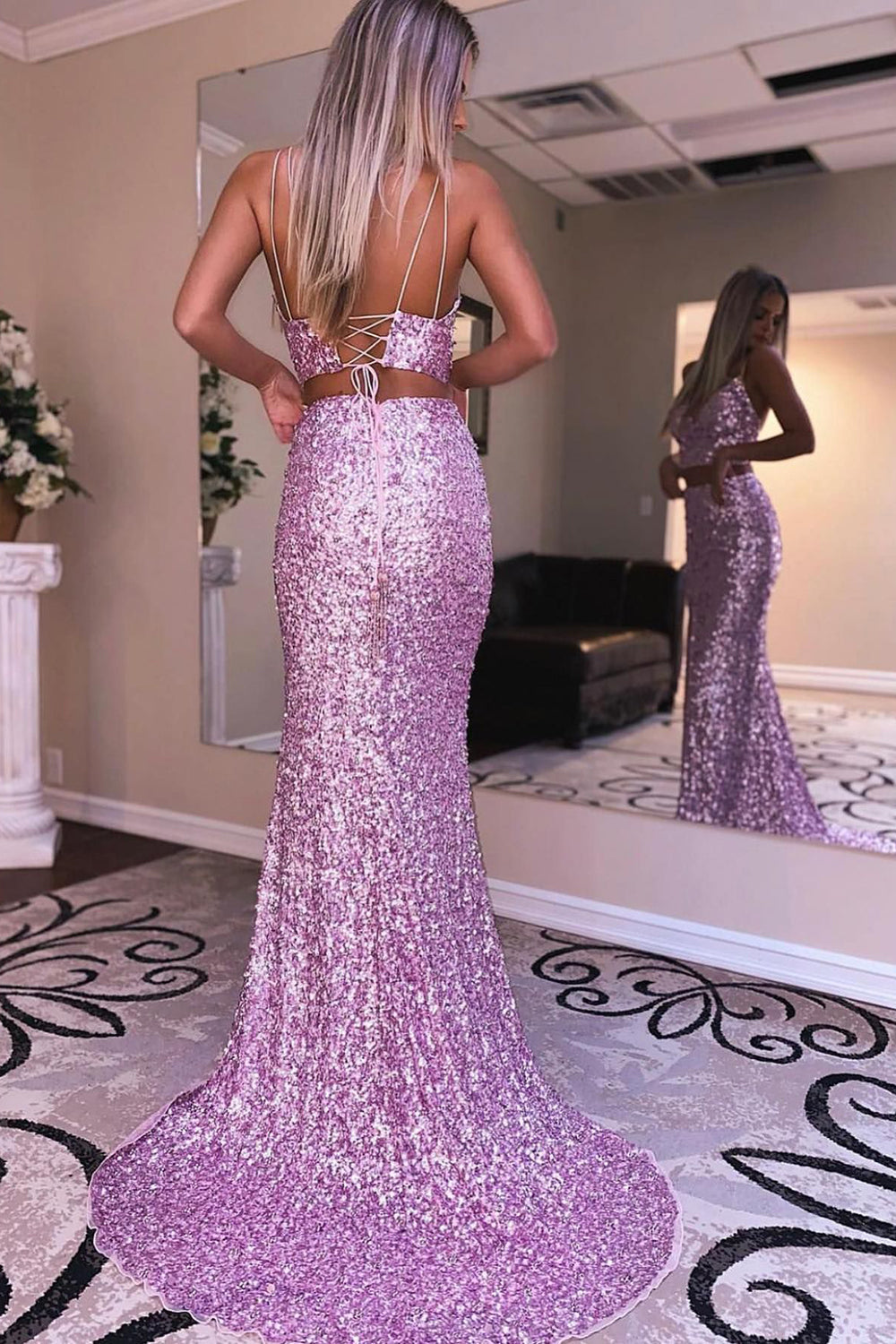 Two Piece Orange Prom Dress Sequined Mermaid Evening Dress with Slit