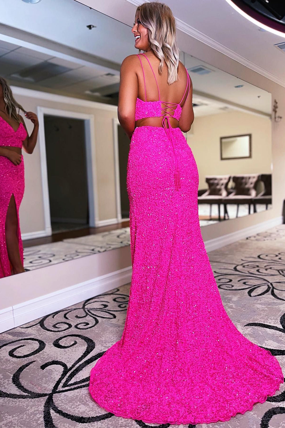 Two Piece Orange Prom Dress Sequined Mermaid Evening Dress with Slit