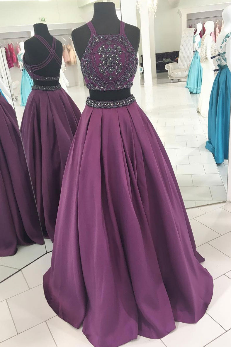 Two Piece Prom Dress Beaded Long Evening Dress