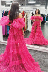 Two Piece Prom Dress Puff Sleeves Ruffle Glitter Tulle Evening Dress with Split