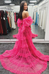 Two Piece Prom Dress Puff Sleeves Ruffle Glitter Tulle Evening Dress with Split