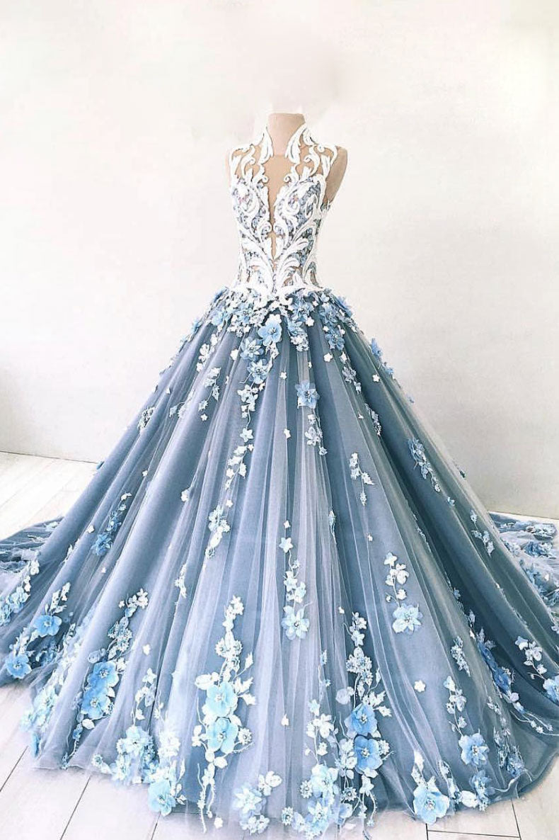 Unique Blue Prom Dress Tulle Lace Long Evening Dress