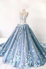Unique Blue Prom Dress Tulle Lace Long Evening Dress