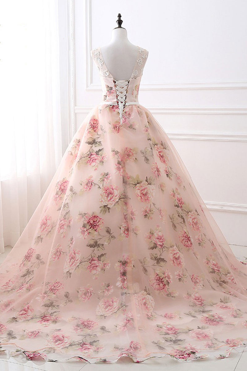 Unique Crew Neck Prom Dress Printing Long Prom Gown Formal Gown Evening Dress