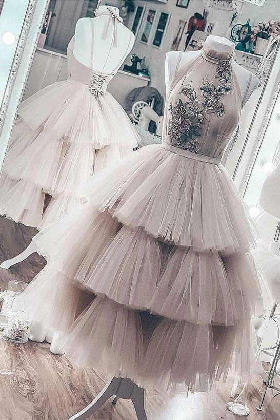 Unique High Neck Prom Dress Tulle Short Formal Gown Evening Dress