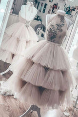 Unique High Neck Prom Dress Tulle Short Formal Gown Evening Dress