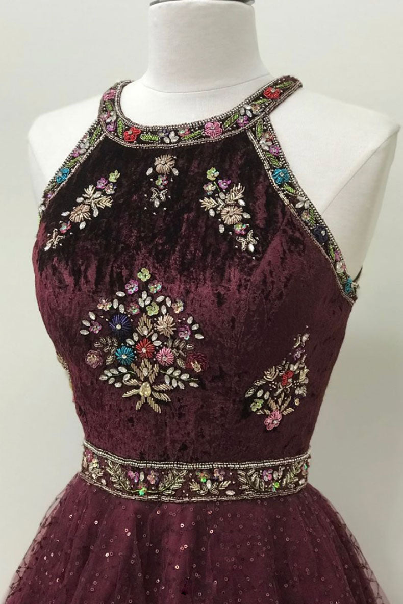 Unique Homecoming Dress Round Neck Tulle Beaded Burgundy Short Party Cocktail Dress