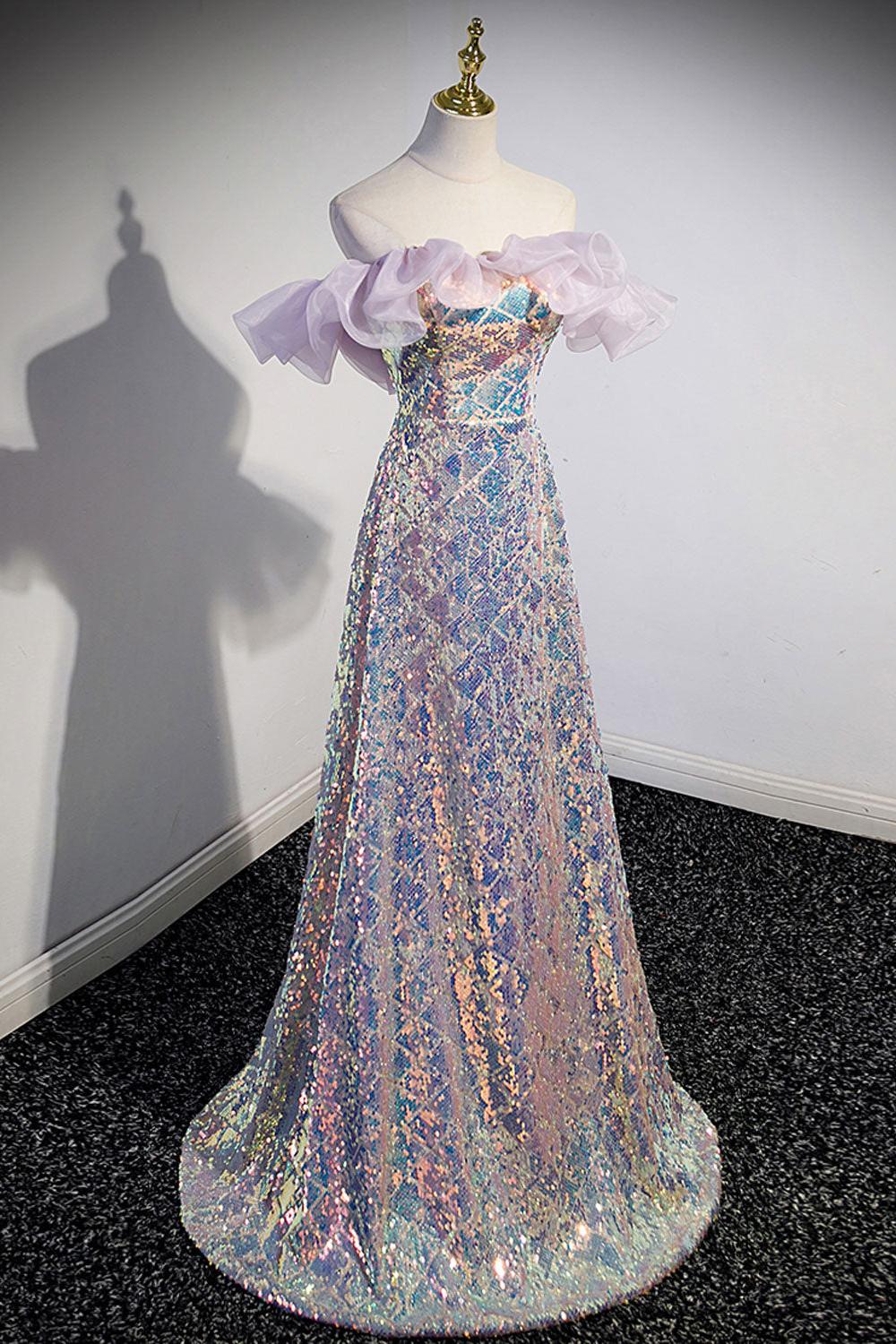 Unique Off the Shoulder Prom Dress Sequin Long Evening Dress