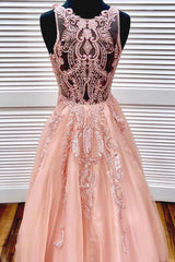 Unique Pink Prom Dress Crew Neck Tulle Lace Long Formal Gown Evening Dress