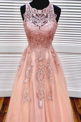 Unique Pink Prom Dress Crew Neck Tulle Lace Long Formal Gown Evening Dress