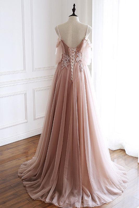 Unique Pink Prom Dress Tulle Lace Long Evening Dress