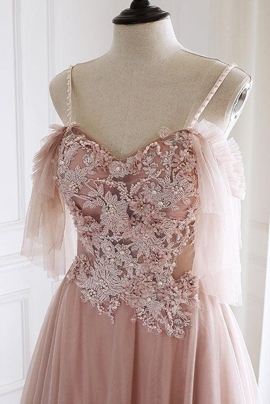 Unique Pink Prom Dress Tulle Lace Long Evening Dress