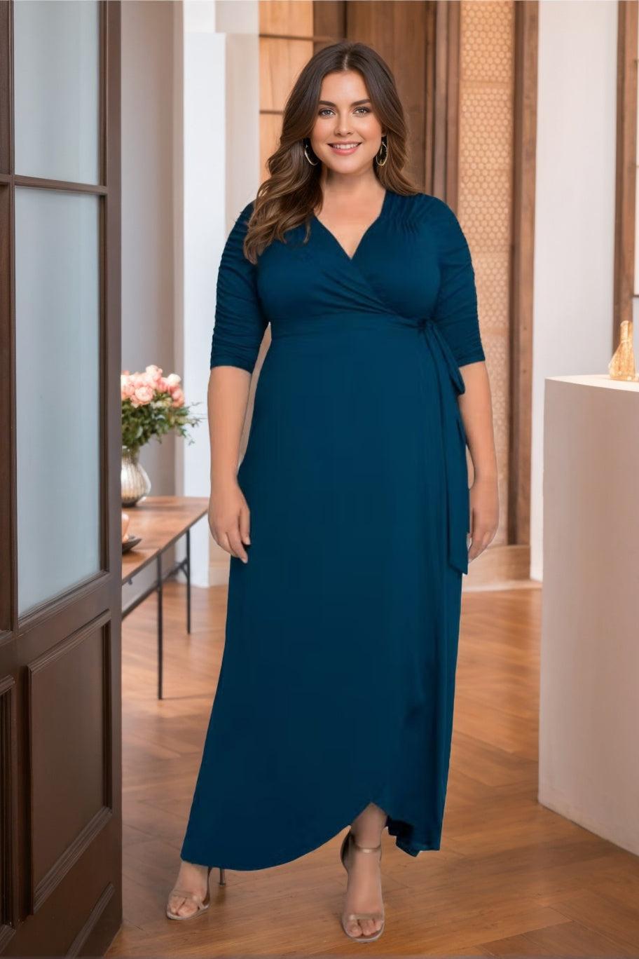Unique Plus Size V-Neck A-Line Mother of the Bride Dress with Asymmetrical Ruffles and Half Sleeves