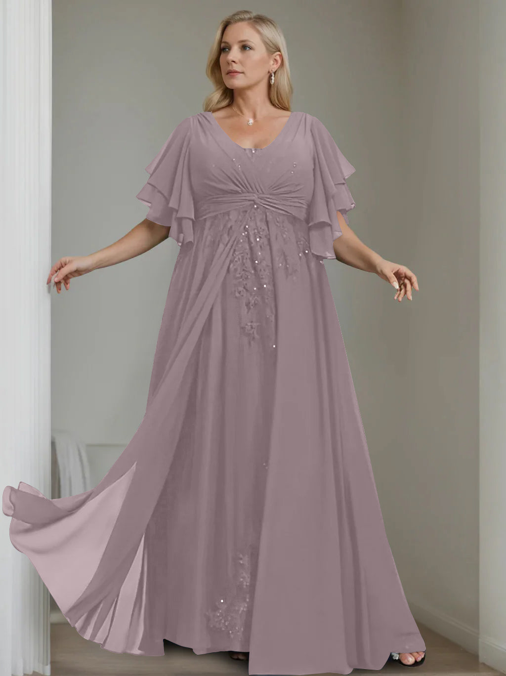 Unique Plus Size V-Neck A-Line Princess Floor-Length Mother of the Bride Dress with Sequins and Half Sleeve Ruffles
