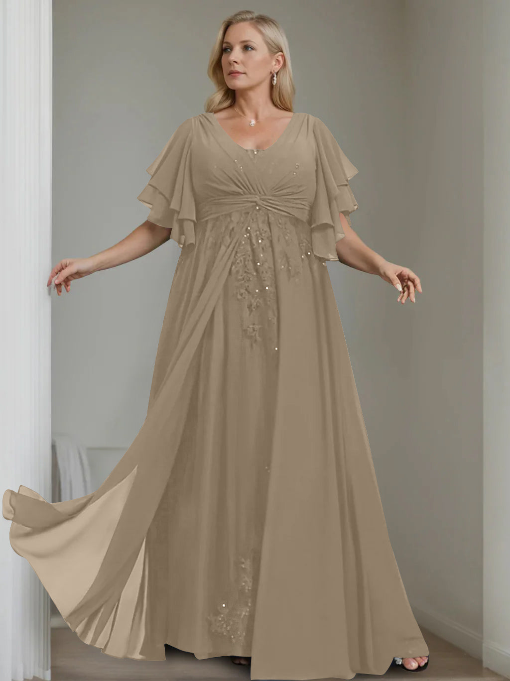 Unique Plus Size V-Neck A-Line Princess Floor-Length Mother of the Bride Dress with Sequins and Half Sleeve Ruffles