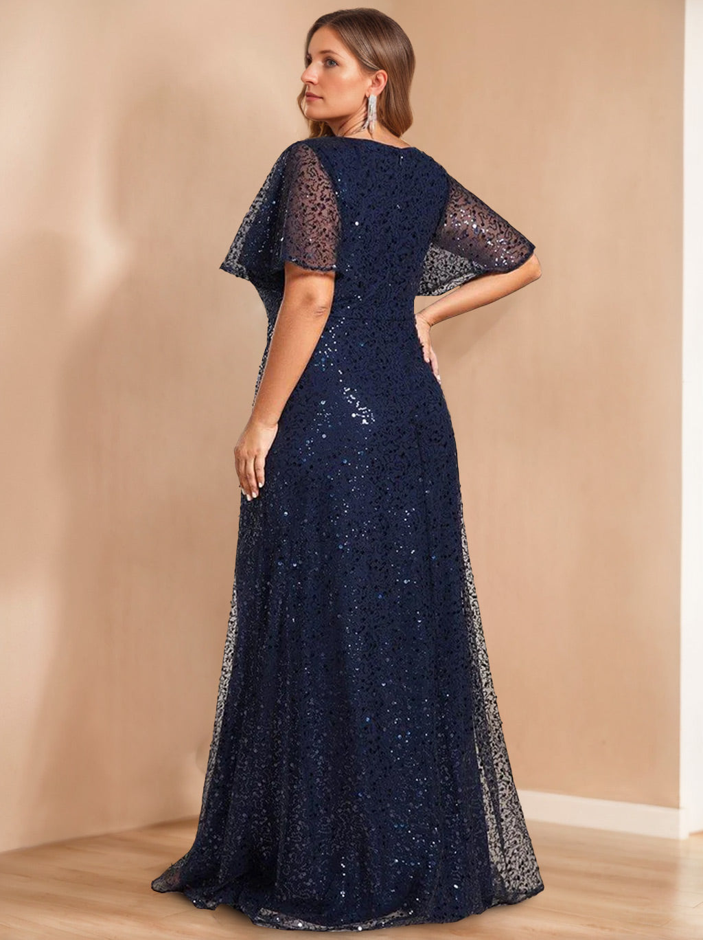 Unique Plus Size V-Neck A-Line Princess Floor-Length Mother of the Bride Dress with Sequins and Short Sleeves
