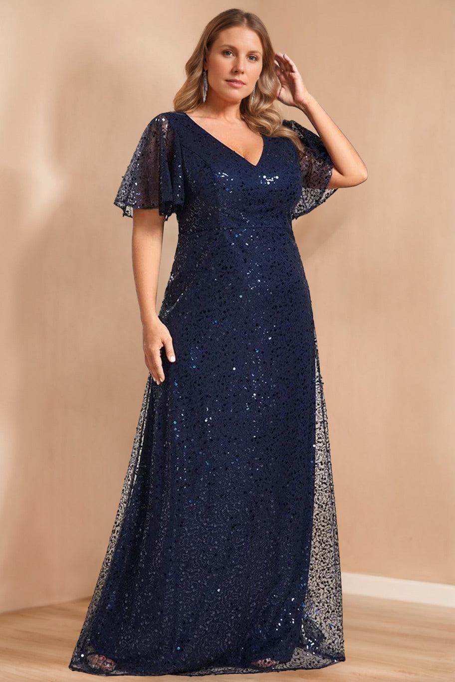 Unique Plus Size V-Neck A-Line Princess Floor-Length Mother of the Bride Dress with Sequins and Short Sleeves