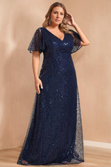 Unique Plus Size V-Neck A-Line Princess Floor-Length Mother of the Bride Dress with Sequins and Short Sleeves
