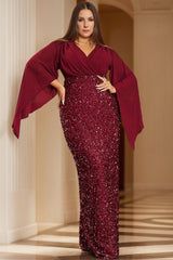 Unique Plus Size V-Neck Floor-Length Mother of the Bride Dress with Flare Sleeves and Sequined Sheath/Column Design