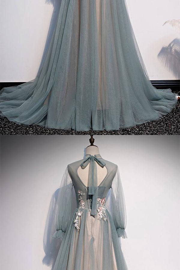 Unique Prom Dress A Line Tulle Lace Long Formal Dress Evening Dress