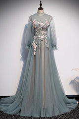 Unique Prom Dress A Line Tulle Lace Long Formal Dress Evening Dress