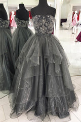 Unique Prom Dress Gray Tulle Beaded Long Prom Gown Evening Dress