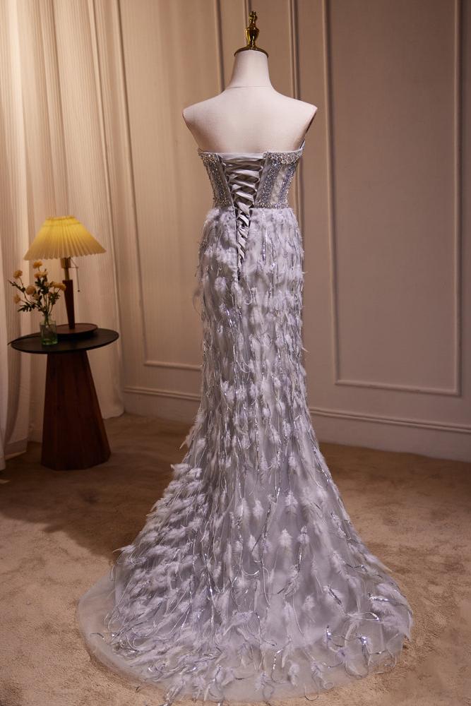 Unique Prom Dress Sweetheart Neck Mermaid Gray Long with BeadedEvening Dress