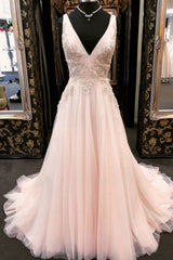 Unique Prom Dress V Neck Tulle Lace Appliques Long Pink Evening Dress
