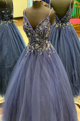 Unique Prom Dress V Neck Tulle Lace Long Evening Dress