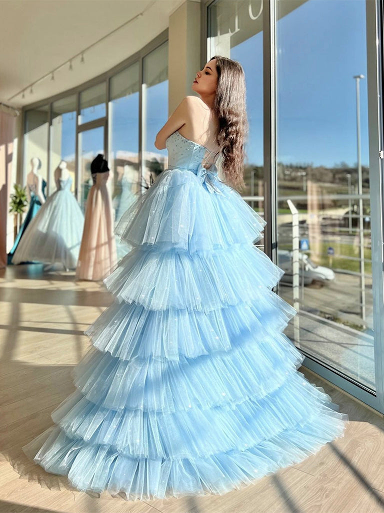 Unique Sweetheart Neck High Low Tulle Blue Prom Dress Formal Gown Evening Dress