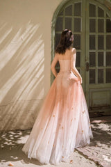 Unique V Neck Prom Dress Sequin Tulle Long Orange Pink Formal Evening Dress