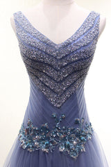 Unique V Neck Prom Dress Tulle Beaded Long Evening Dress