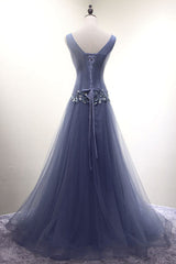 Unique V Neck Prom Dress Tulle Beaded Long Evening Dress
