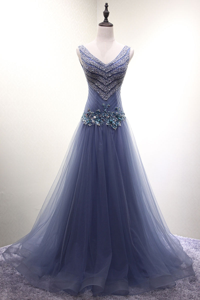 Unique V Neck Prom Dress Tulle Beaded Long Evening Dress