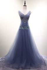 Unique V Neck Prom Dress Tulle Beaded Long Evening Dress