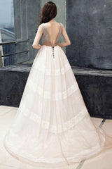 Unique V Neck Prom Dress Tulle Lace Long Formal Gown Evening Dress
