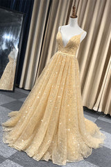 Unique V Neck Prom Dress Tulle Long Formal Gown Evening Dress