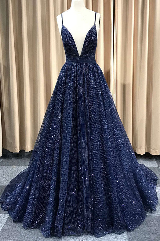 Unique V Neck Prom Dress Tulle Long Formal Gown Evening Dress