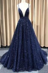 Unique V Neck Prom Dress Tulle Long Formal Gown Evening Dress