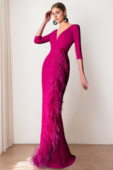V-Neck 3/4 Sleeve Floor-Length Mother of the Bride Sheath Dress with Feathers