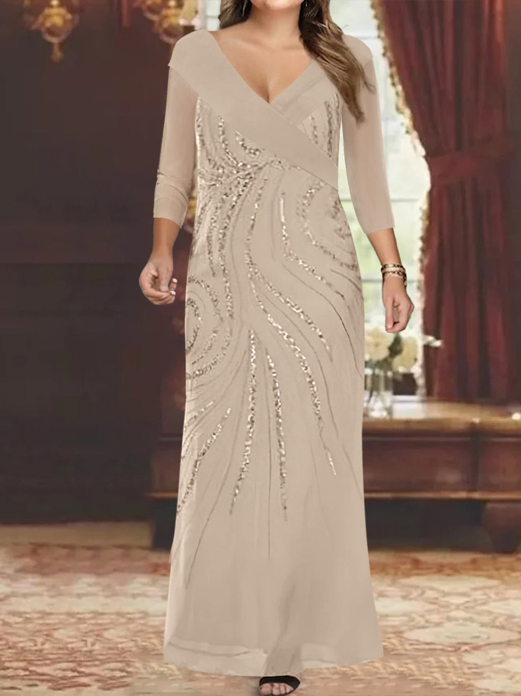 V-Neck 3/4 Sleeve Floor-Length Sequined Mother of the Bride Sheath Dress