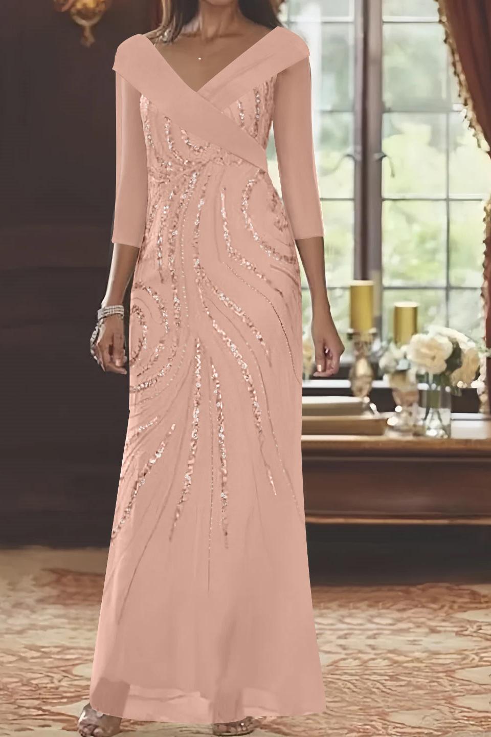 V-Neck 3/4 Sleeve Floor-Length Sequined Mother of the Bride Sheath Dress