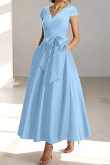 V-Neck A-Line Princess Ankle-Length Mother of the Bride Dress With Short Sleeves Pockets & Ruffles