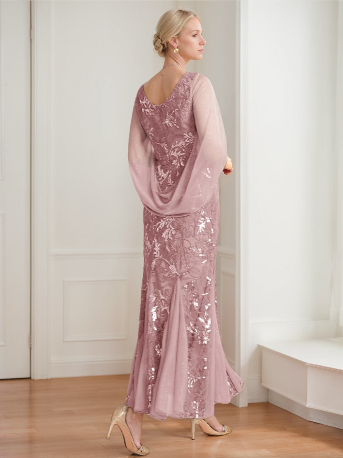 V-Neck A-Line Princess Ankle-Length Mother of the Bride Dress in Solid Color with Lace Half Sleeves
