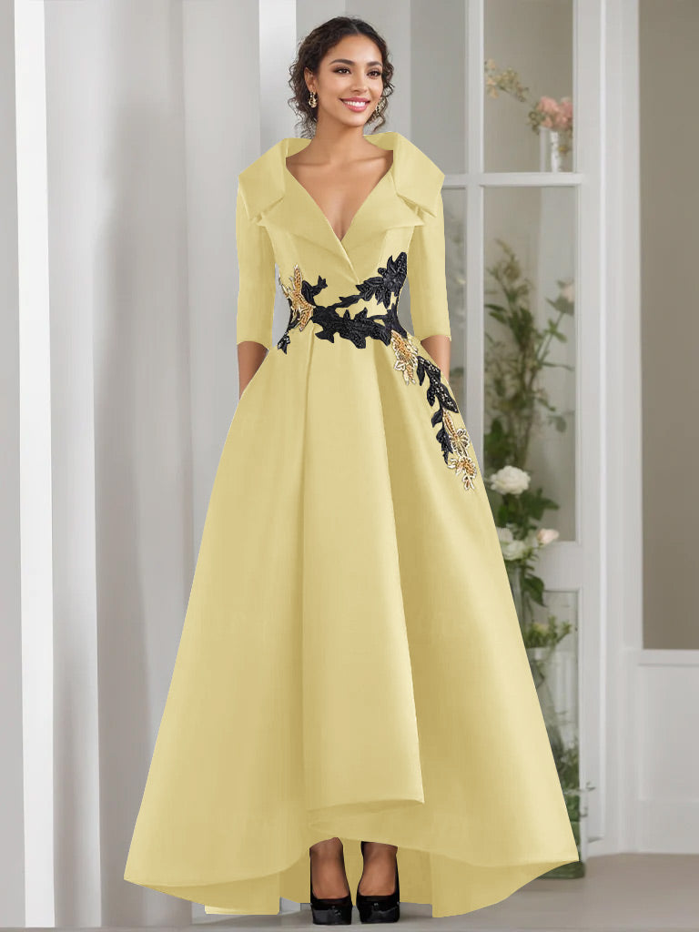 V-Neck A-Line Princess Floor-Length Mother of the Bride Dress with 3/4 Sleeves Appliques and Beading